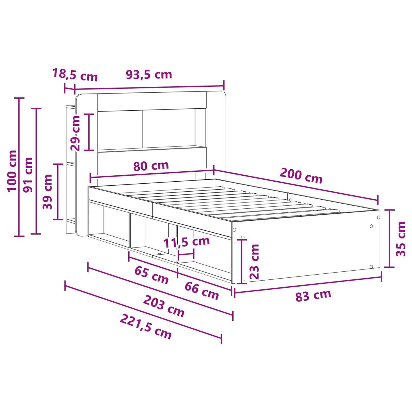 Telaio del letto con storage Rovere Fumo 80 x 200 cm | homemem39