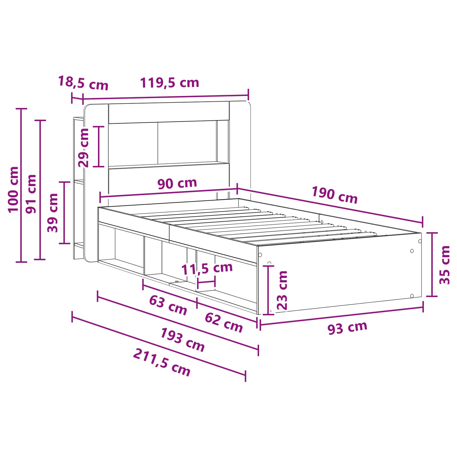 Telaio del letto con storage Rovere Artigianale 90 x 190 cm | homemem39