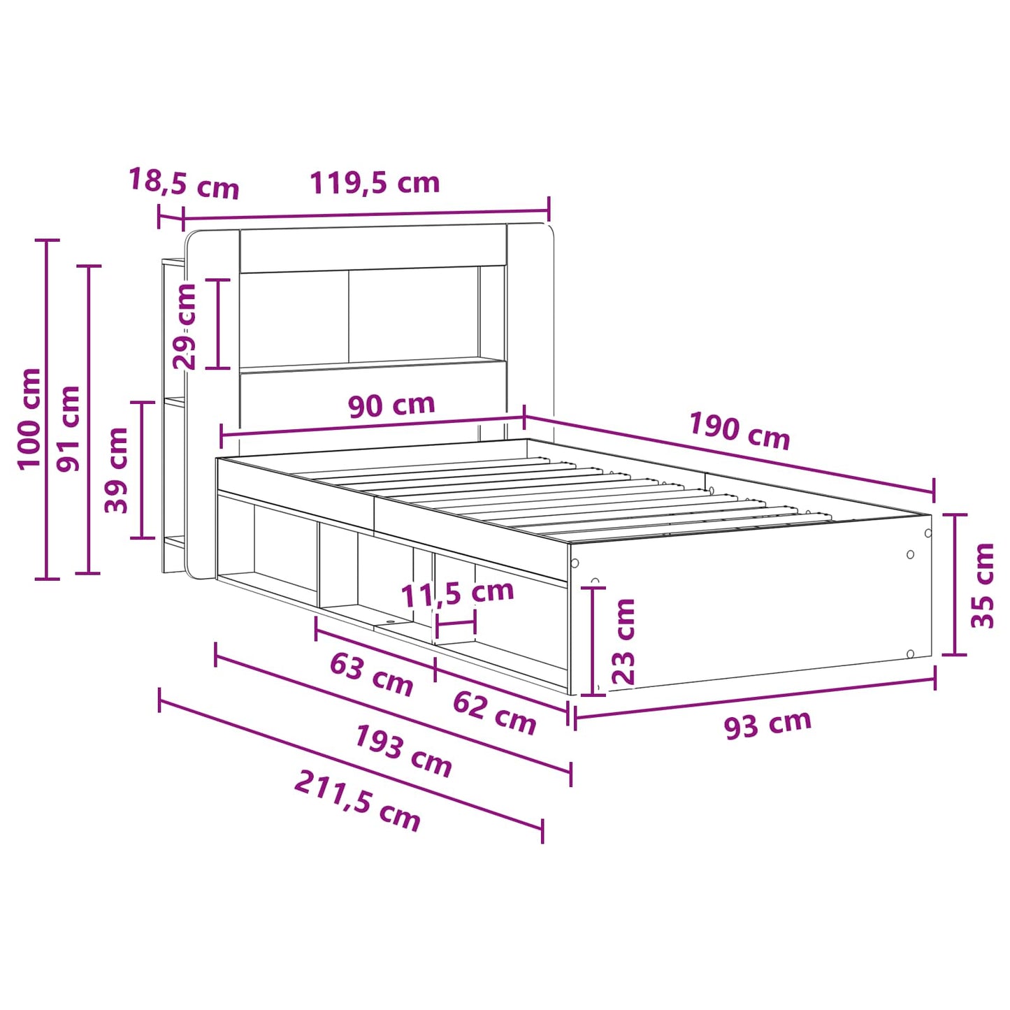 Telaio del letto con storage Legno antico 90 x 190 cm | homemem39