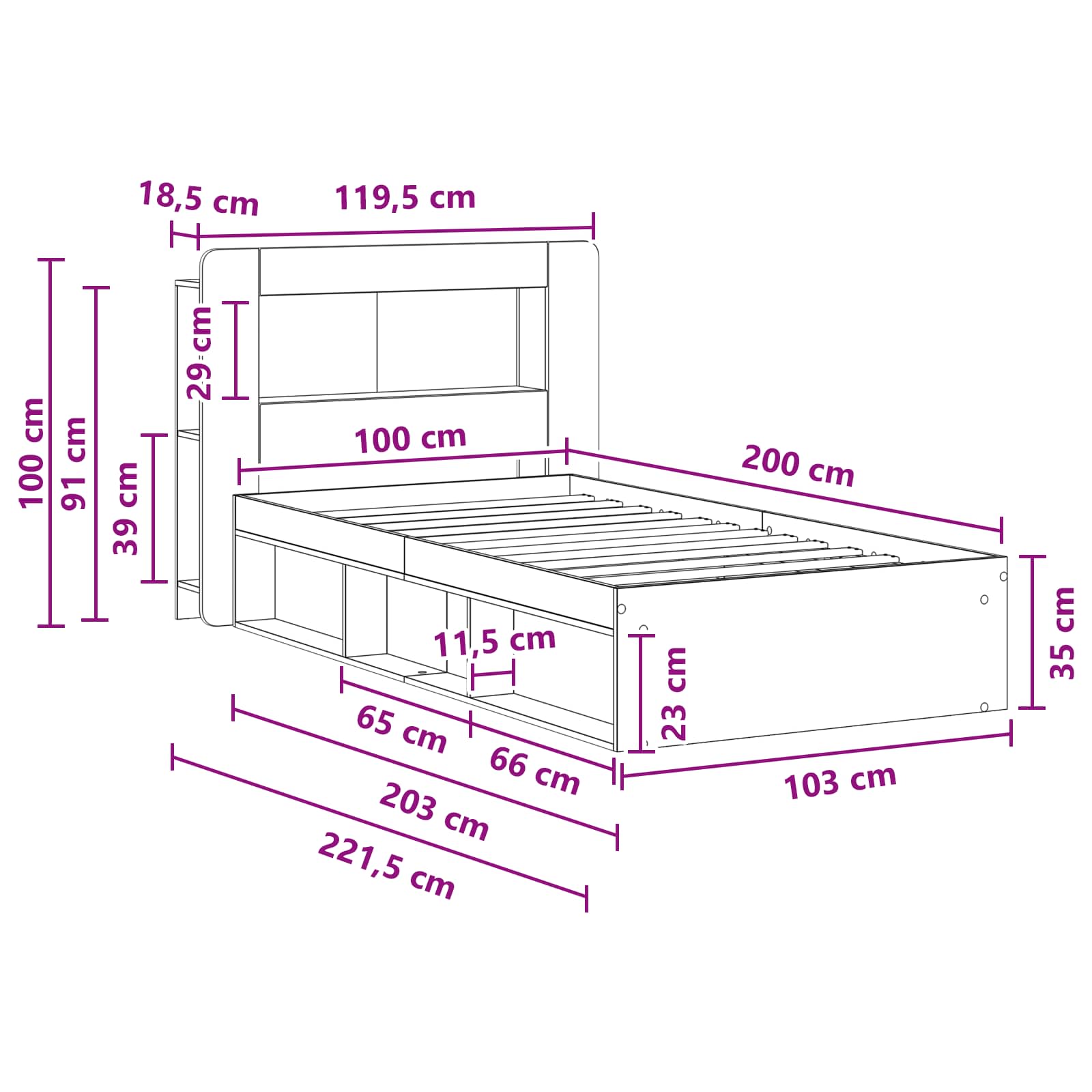 Telaio del letto con storage Rovere Fumo 100 x 200 cm | homemem39