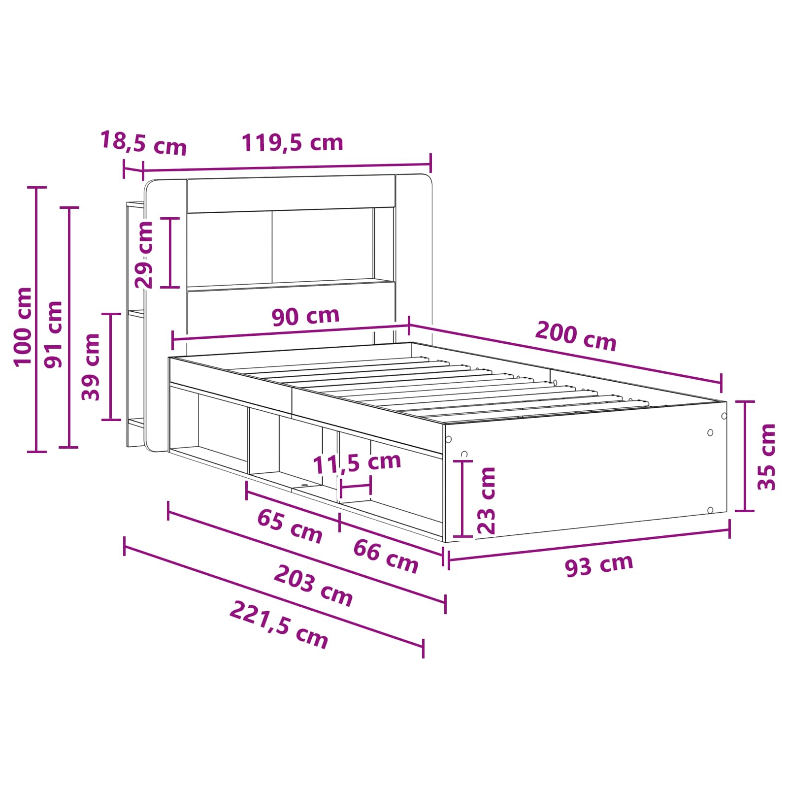 Telaio del letto con storage con testiera Nero 90 x 200 cm | homemem39