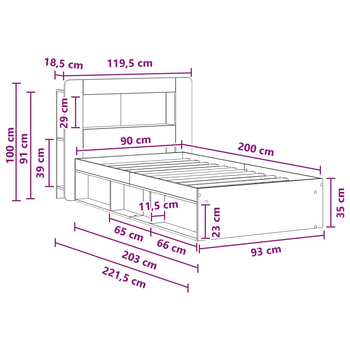 Telaio del letto con storage con testiera Bianco 90 x 200 cm | homemem39
