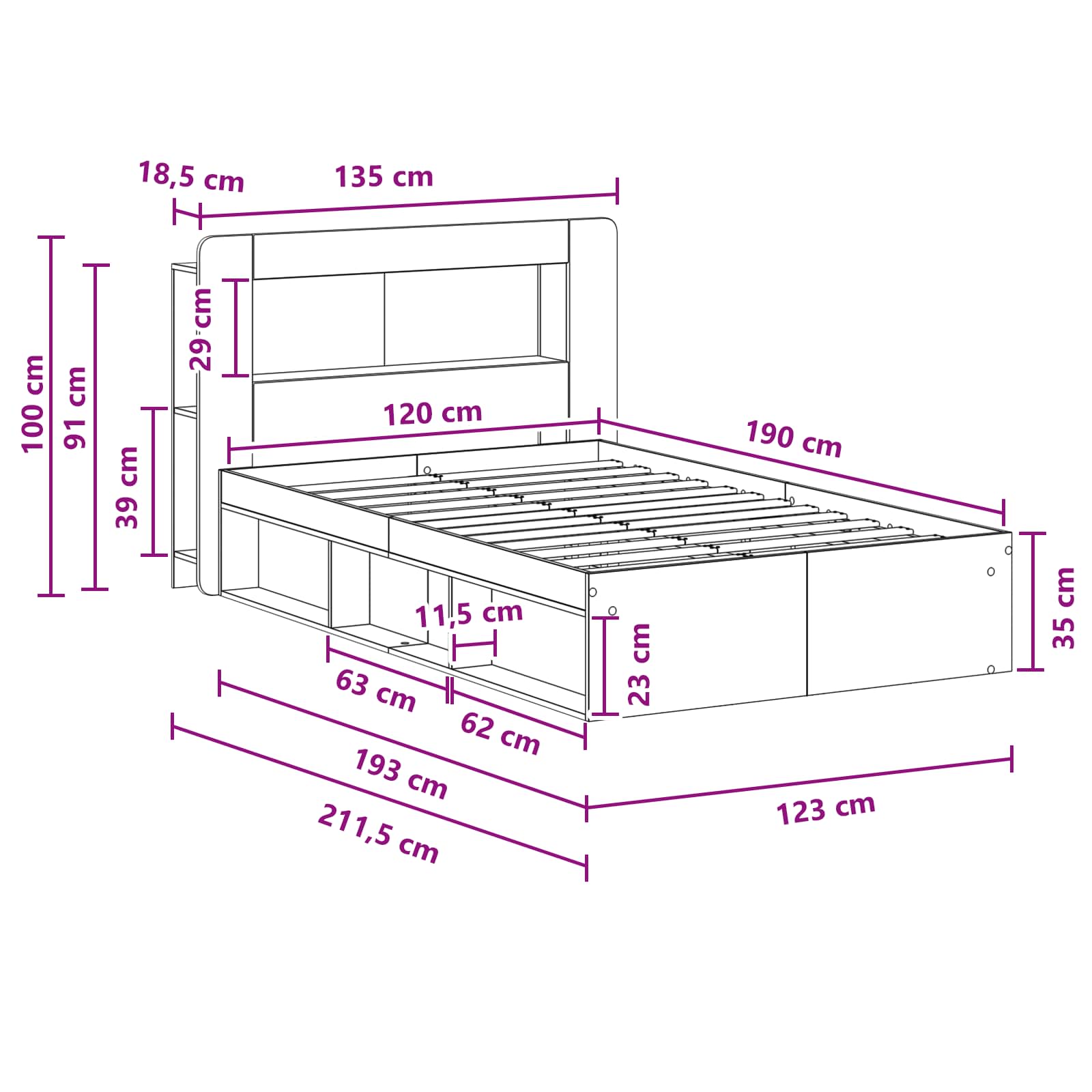 Telaio del letto con storage Legno antico 120 x 190 cm | homemem39