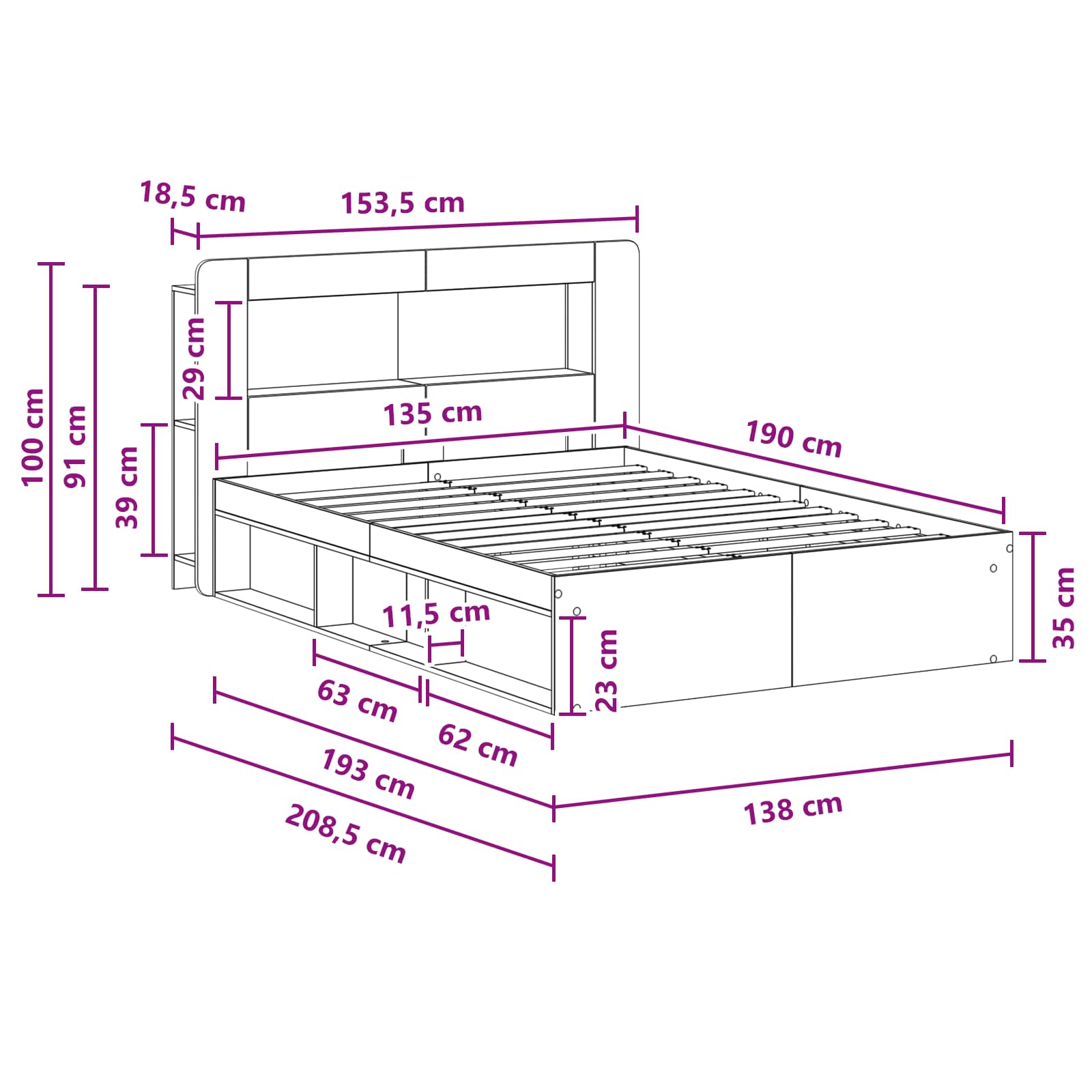 Telaio del letto con storage Legno antico 135 x 190 cm | homemem39