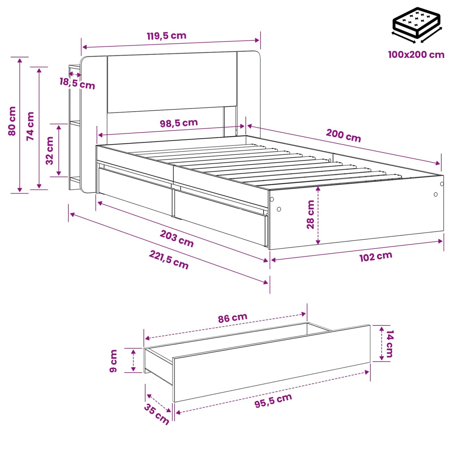 Telaio del letto con storage Rovere Fumo 100 x 200 cm | homemem39