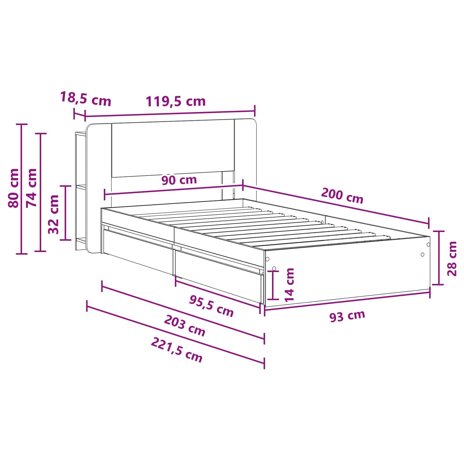 Telaio del letto con storage Rovere Fumo 90 x 200 cm | homemem39