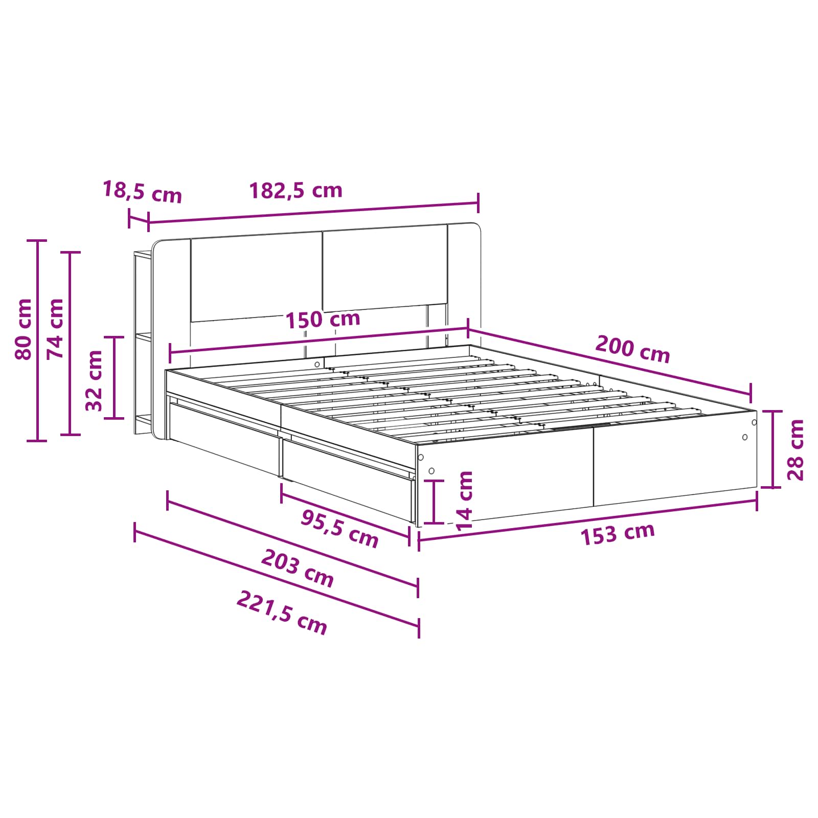 Telaio del letto con storage Grigio Cemento 150 x 200 cm | homemem39