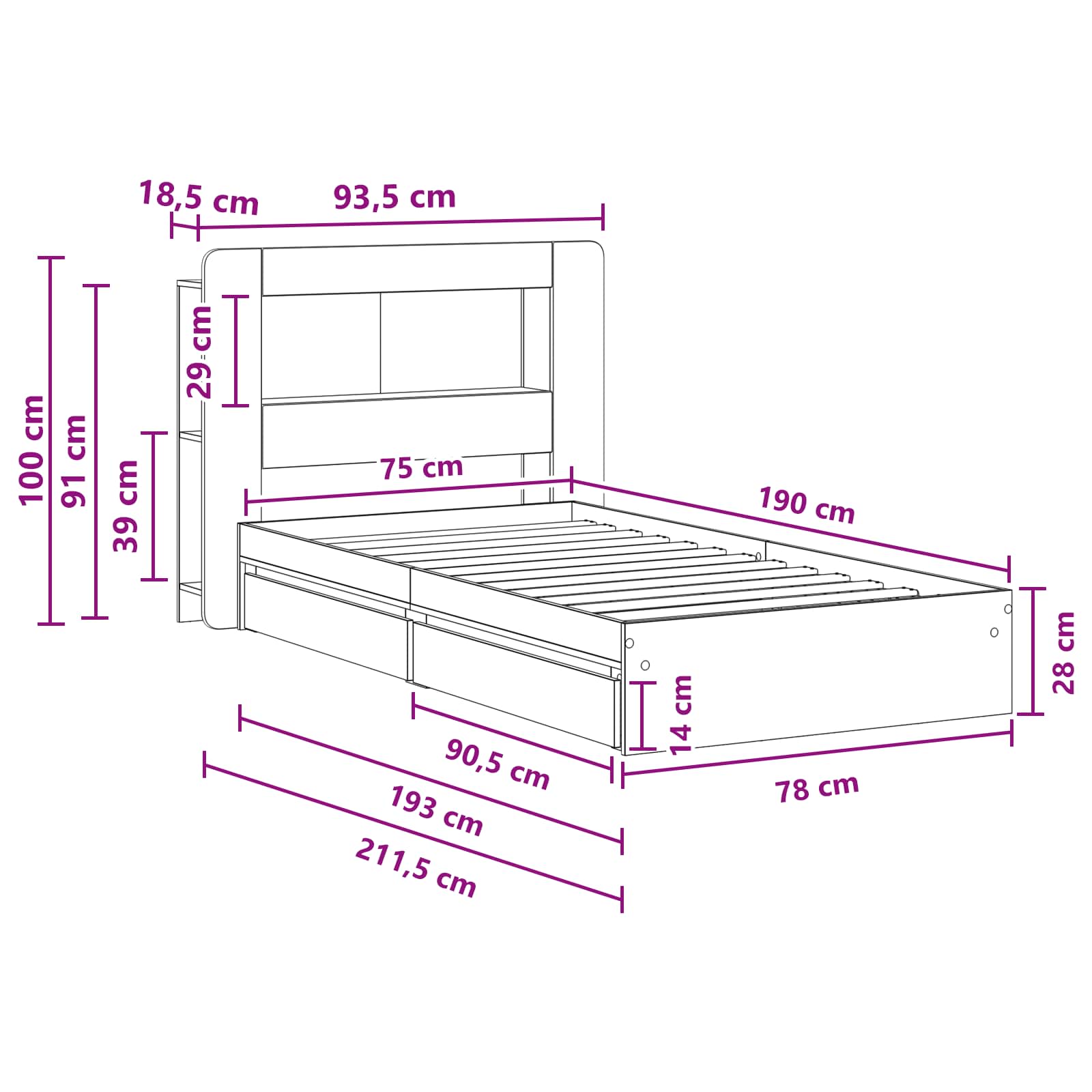 Telaio del letto con storage Rovere Fumo 75 x 190 cm | homemem39