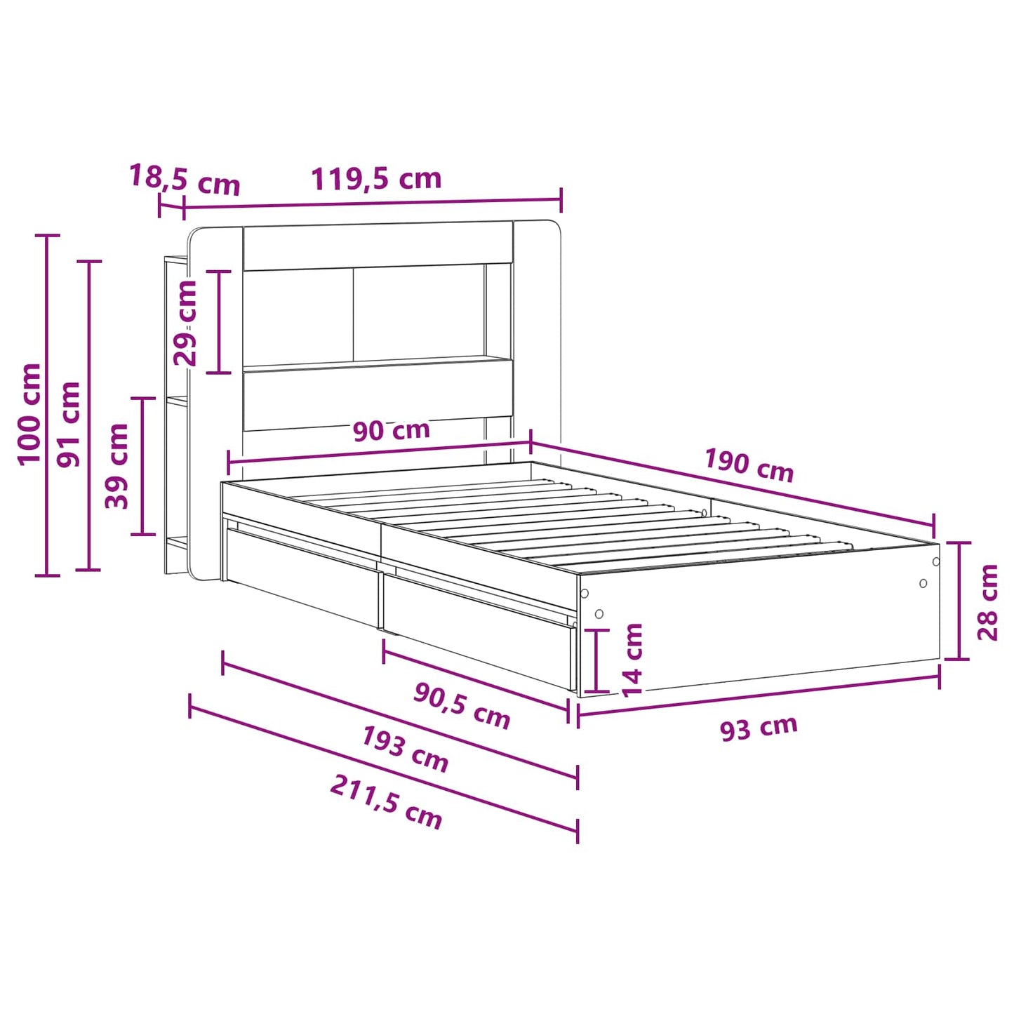 Telaio del letto con storage Grigio Cemento 90 x 190 cm | homemem39