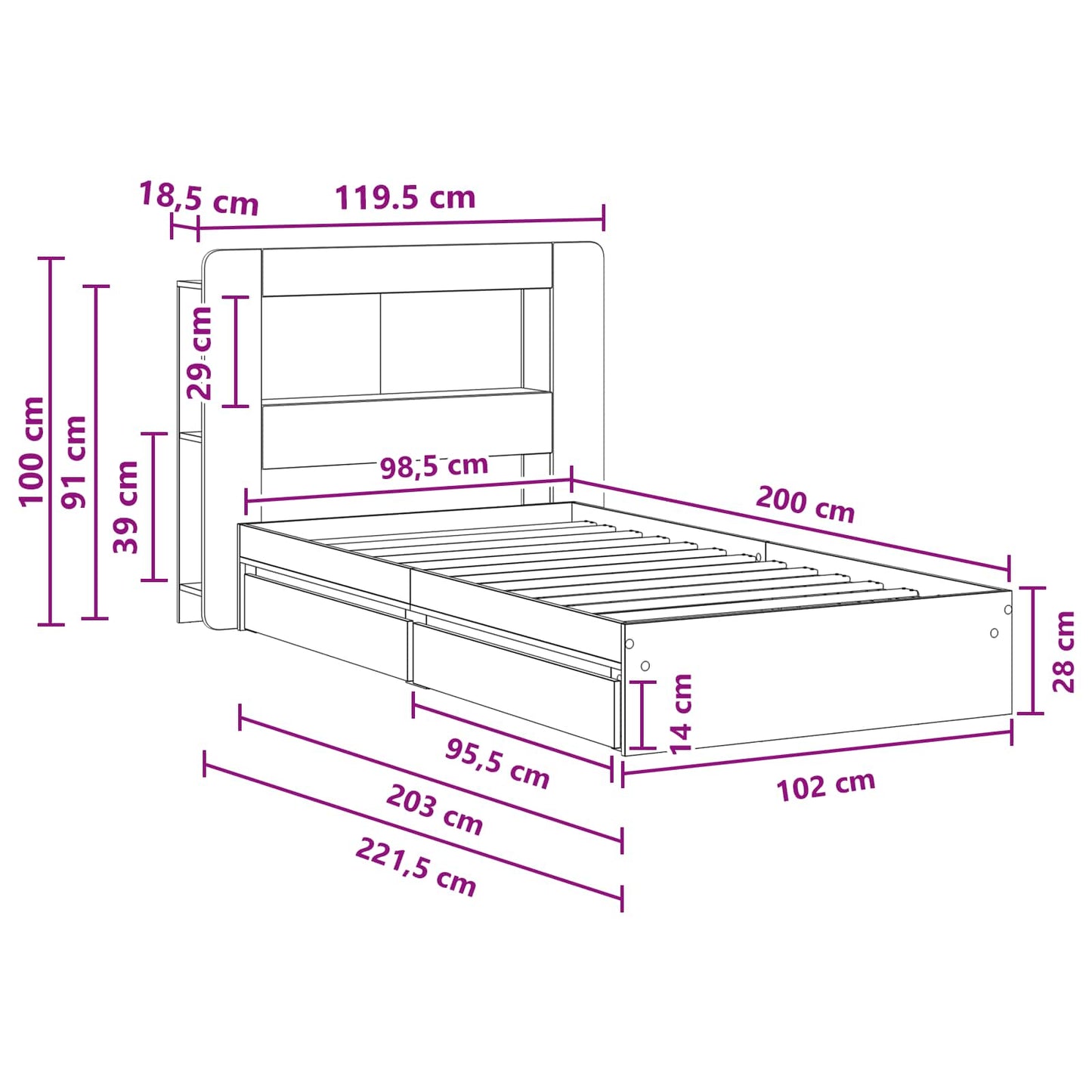 Telaio del letto con storage Rovere Sonoma 100 x 200 cm | homemem39