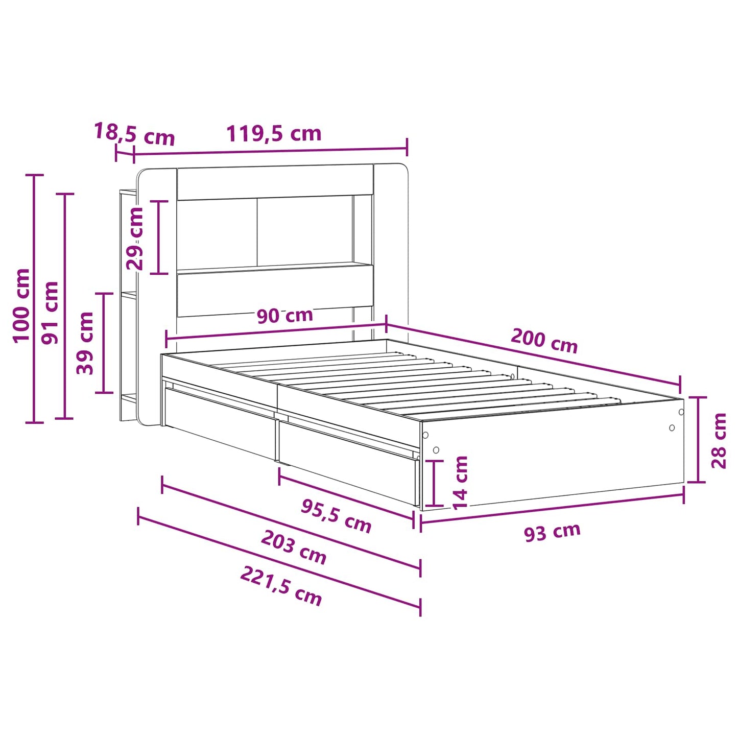 Telaio del letto con storage Sonoma grigio 90 x 200 cm | homemem39