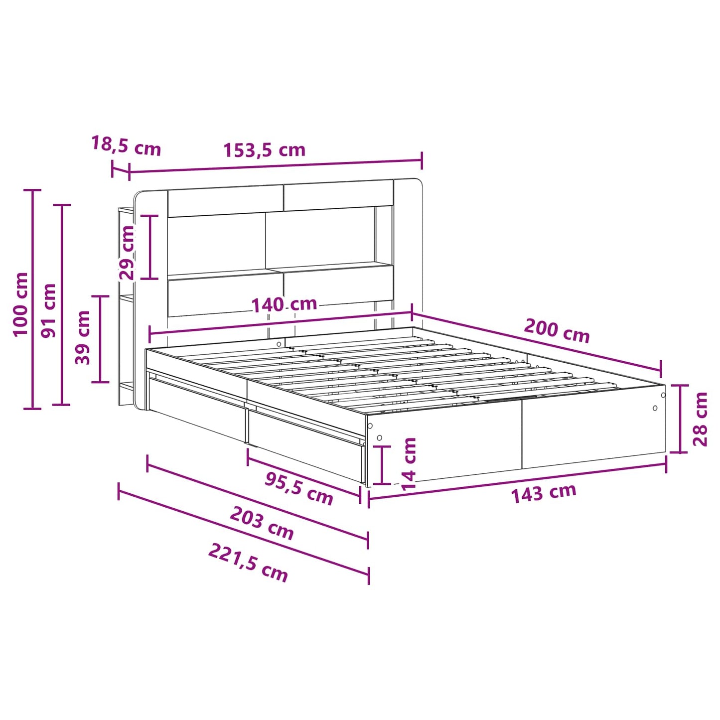 Telaio del letto con storage Sonoma grigio 140 x 200 cm | homemem39