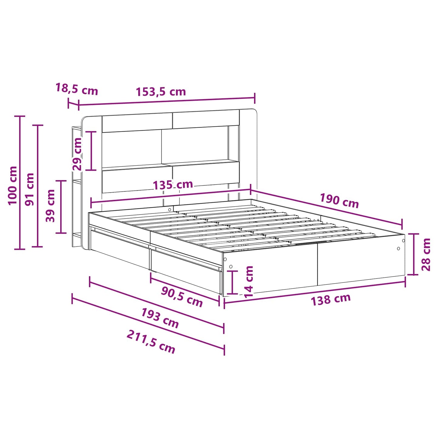 Telaio del letto con storage Rovere Fumo 135 x 190 cm | homemem39