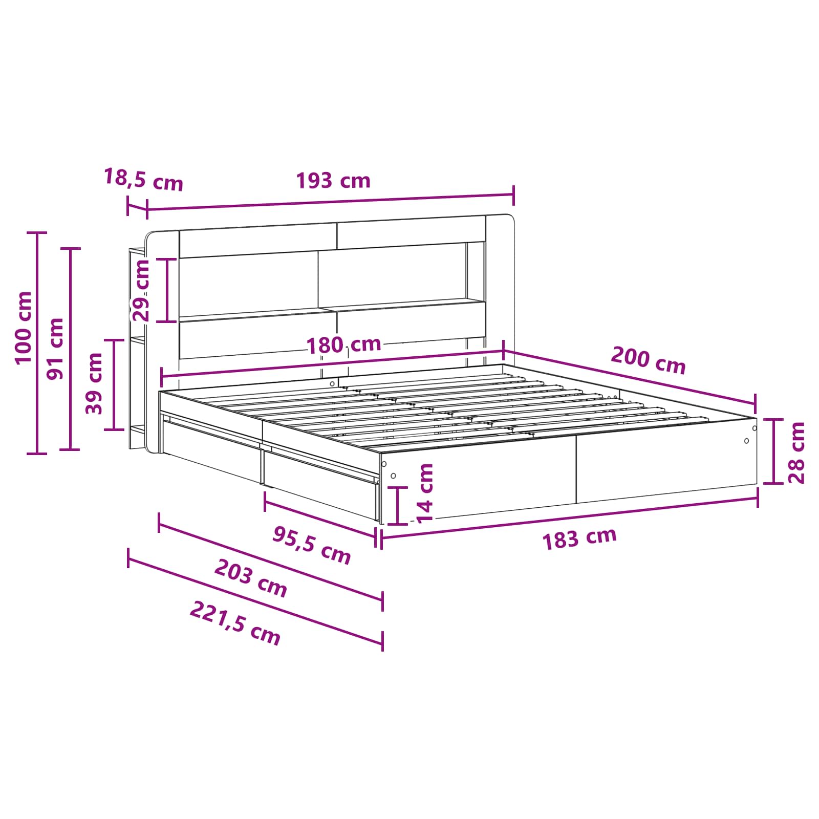 Telaio del letto con storage Sonoma grigio 180 x 200 cm | homemem39