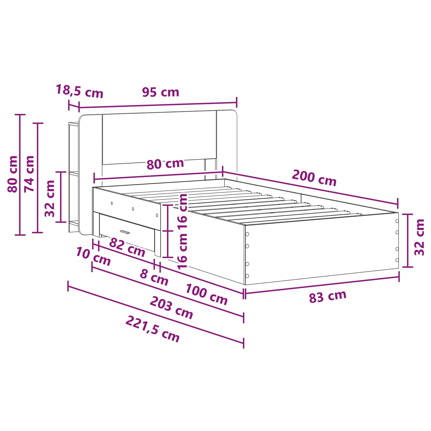 Telaio del letto con storage con testiera Bianco 80 x 200 cm | homemem39