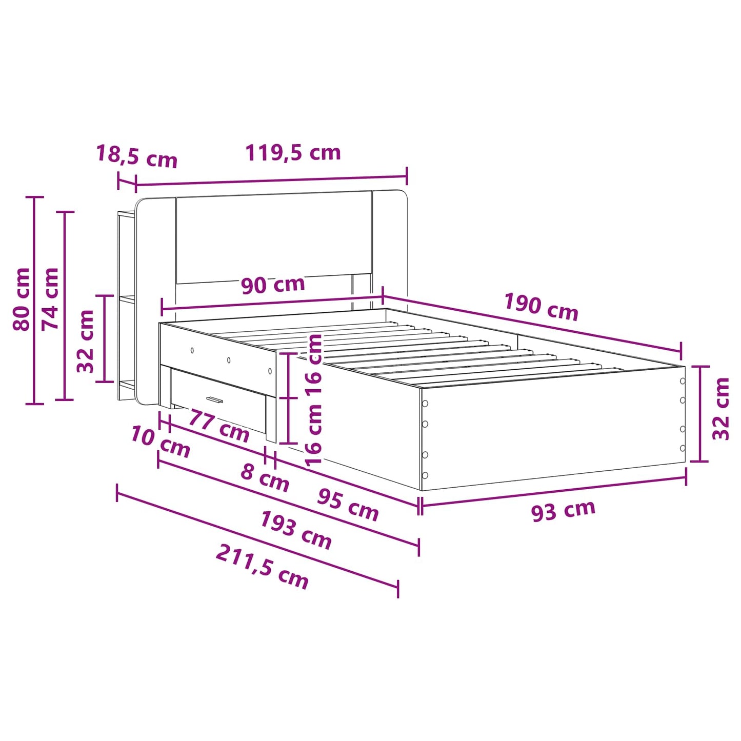 Telaio del letto con storage Legno antico 90 x 190 cm | homemem39
