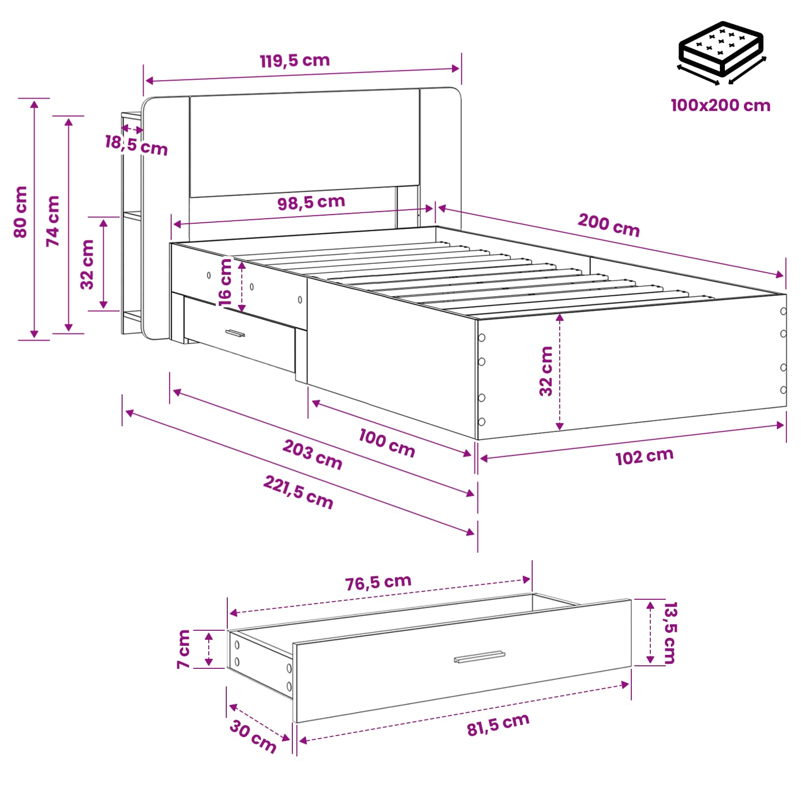Telaio del letto con storage Sonoma grigio 100 x 200 cm | homemem39