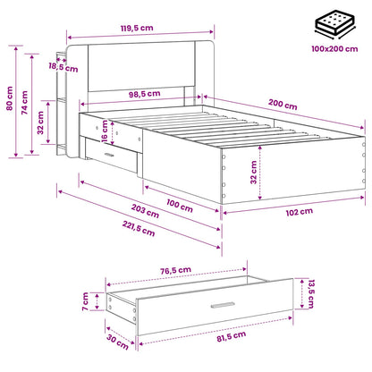 Telaio del letto con storage Sonoma grigio 100 x 200 cm | homemem39