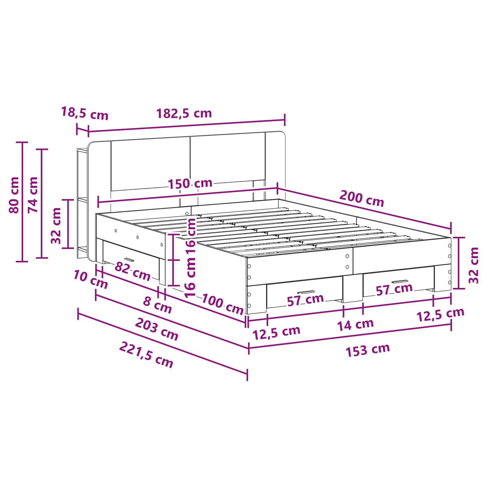 Telaio del letto con storage Rovere Sonoma 150 x 200 cm | homemem39