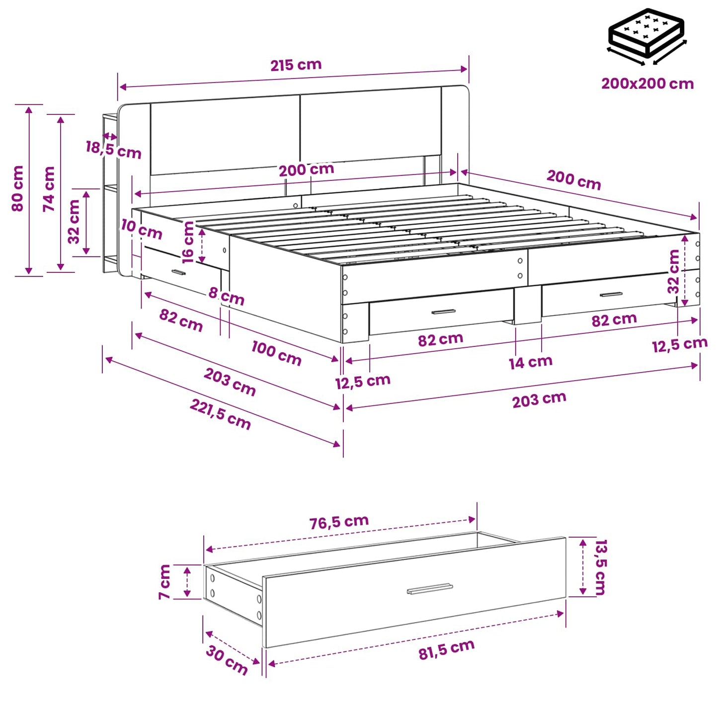 Telaio del letto con storage Sonoma grigio 200 x 200 cm | homemem39