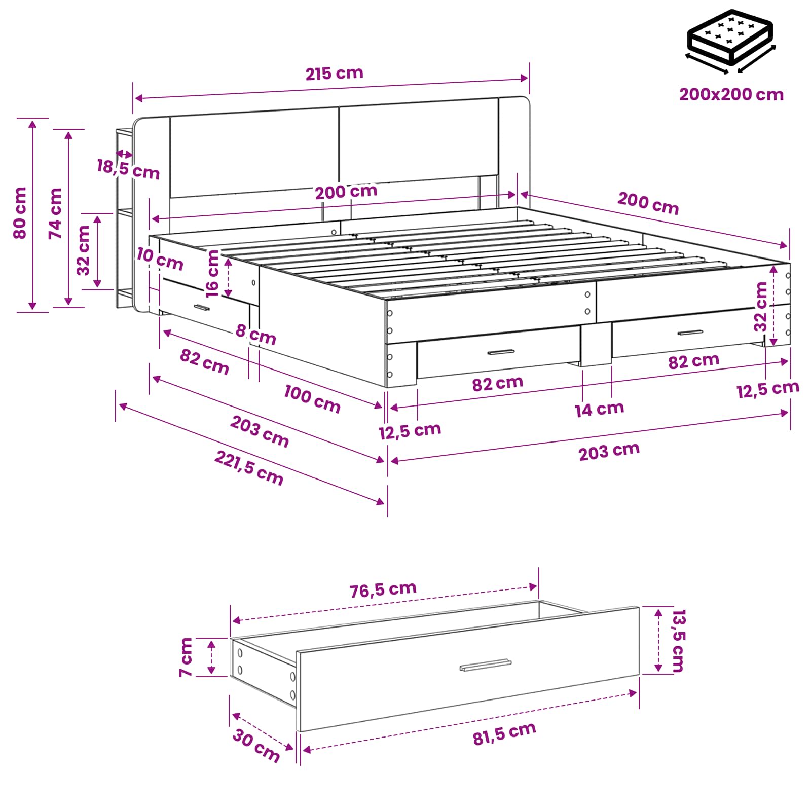 Telaio del letto con storage Sonoma grigio 200 x 200 cm | homemem39
