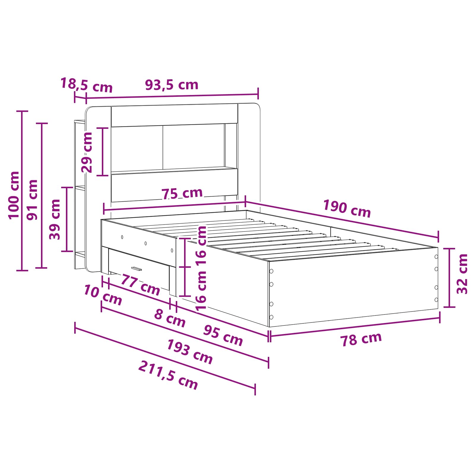 Telaio del letto con storage Grigio Cemento 75 x 190 cm | homemem39