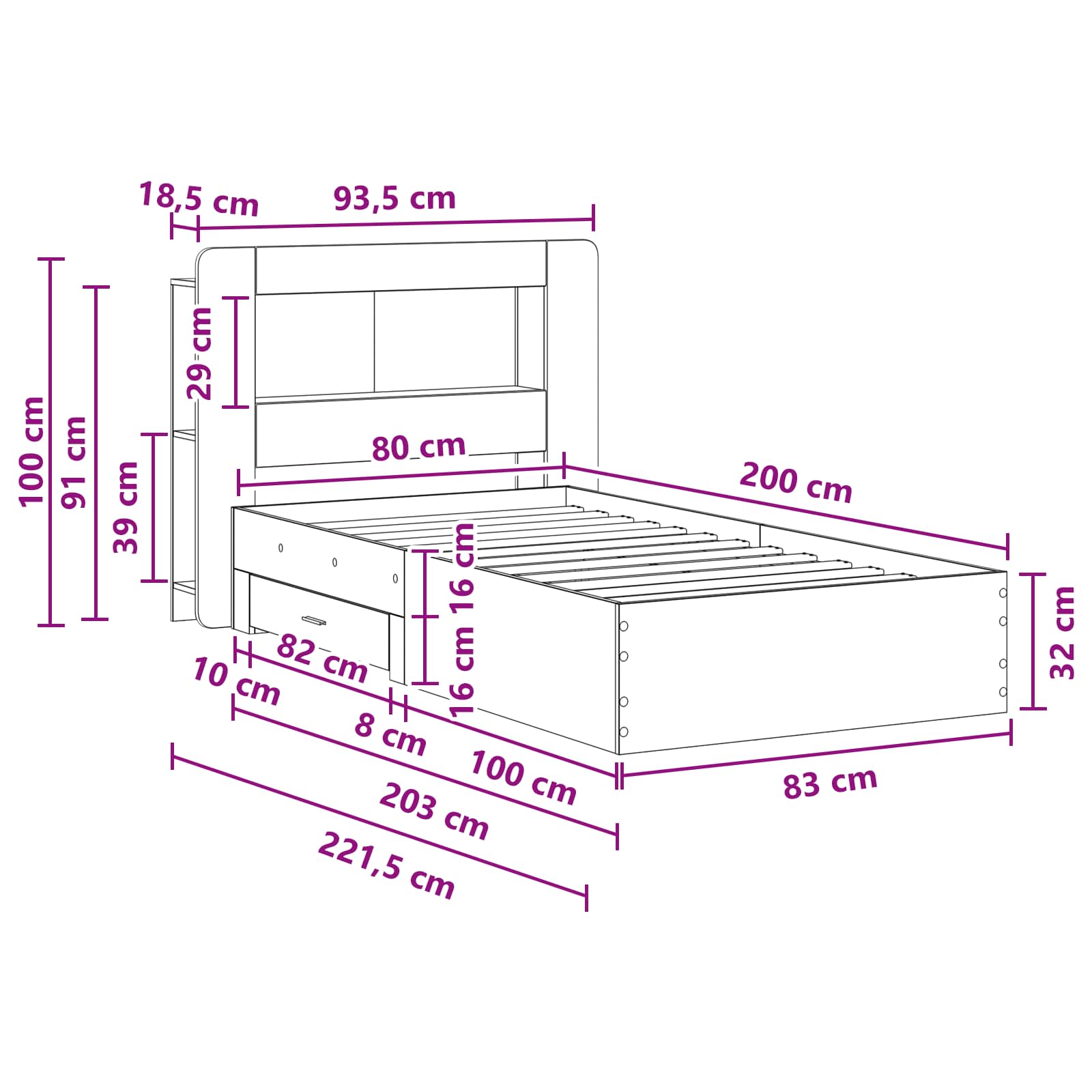 Telaio del letto con storage Sonoma grigio 80 x 200 cm | homemem39