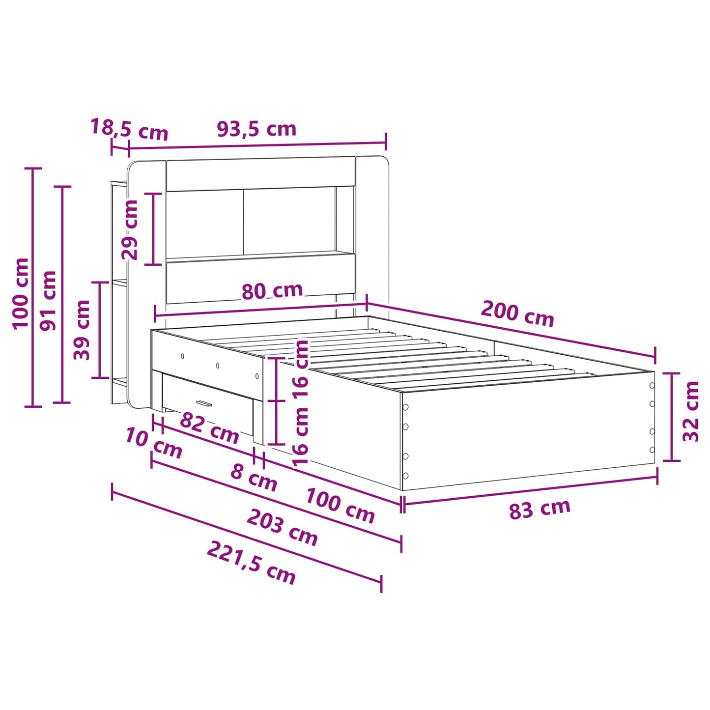 Telaio del letto con storage Rovere Fumo 80 x 200 cm | homemem39