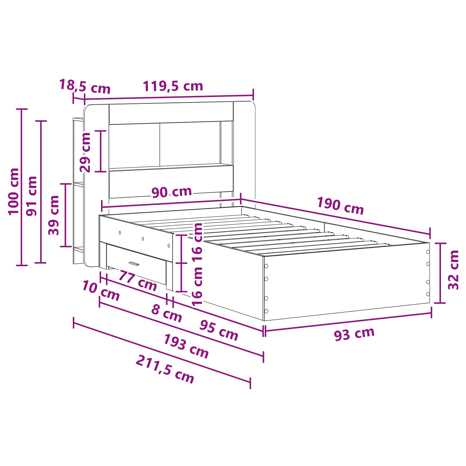 Telaio del letto con storage Rovere Sonoma 90 x 190 cm | homemem39