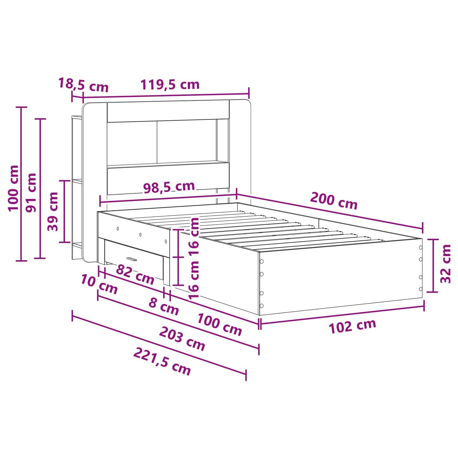 Telaio del letto con storage Legno antico 100 x 200 cm | homemem39