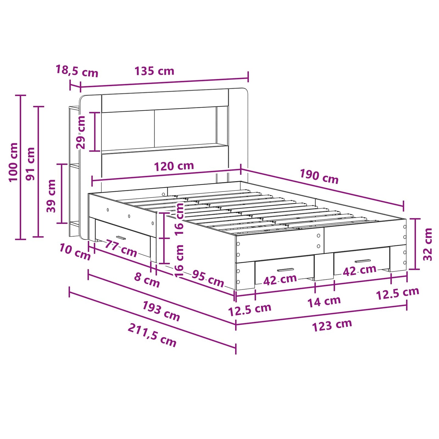 Telaio del letto con storage Legno antico 120 x 190 cm | homemem39