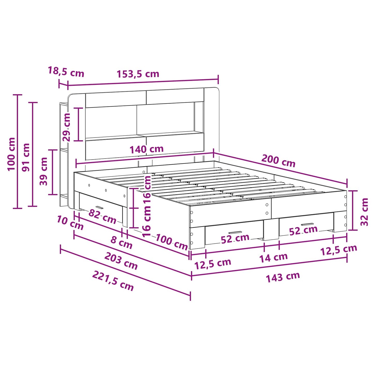 Telaio del letto con storage Sonoma grigio 140 x 200 cm | homemem39