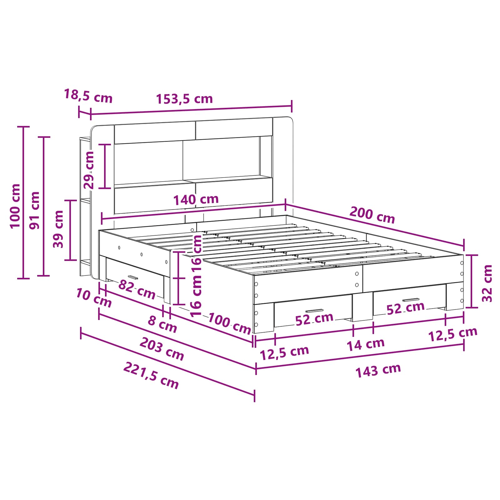 Telaio del letto con storage Sonoma grigio 140 x 200 cm | homemem39