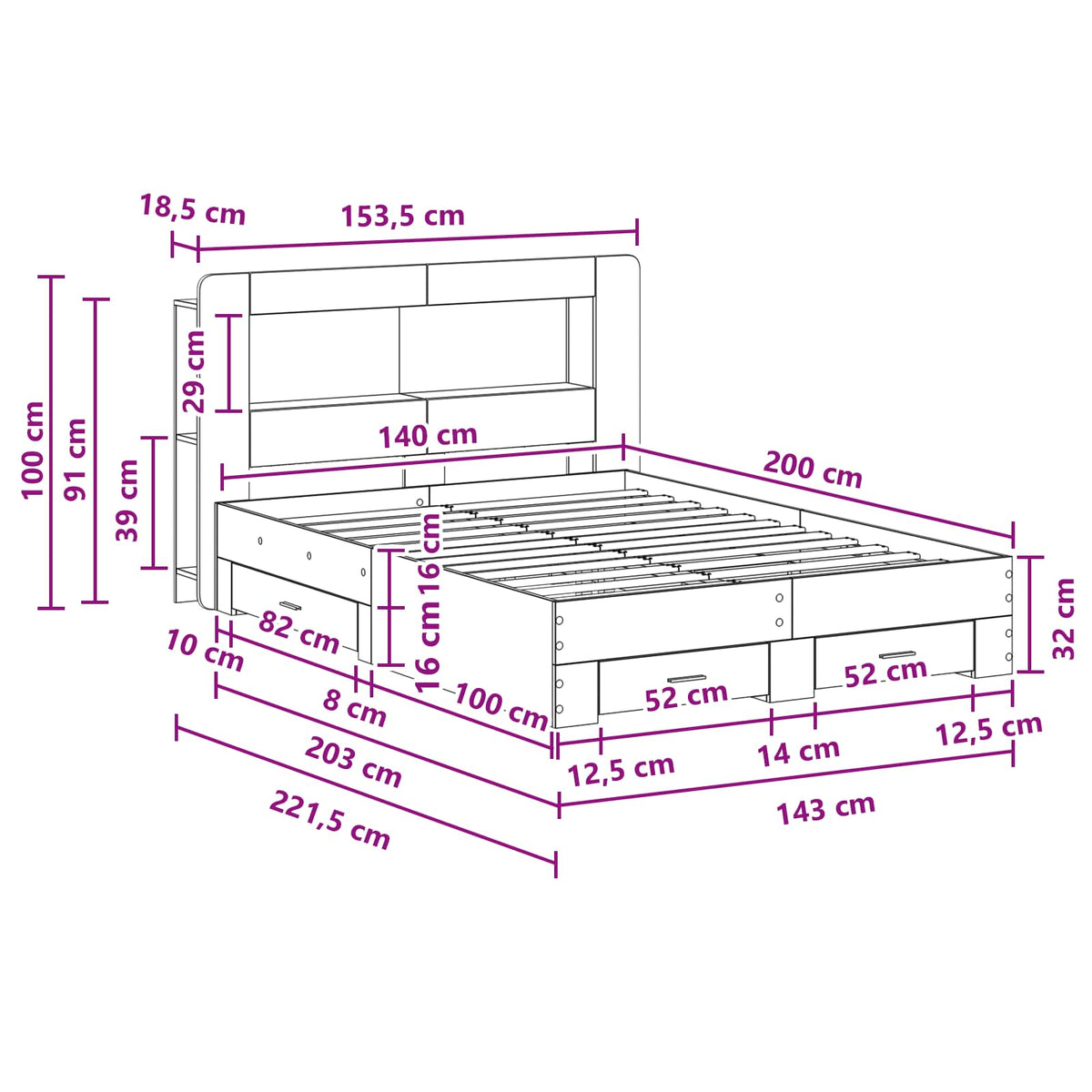 Telaio del letto con storage Sonoma grigio 140 x 200 cm