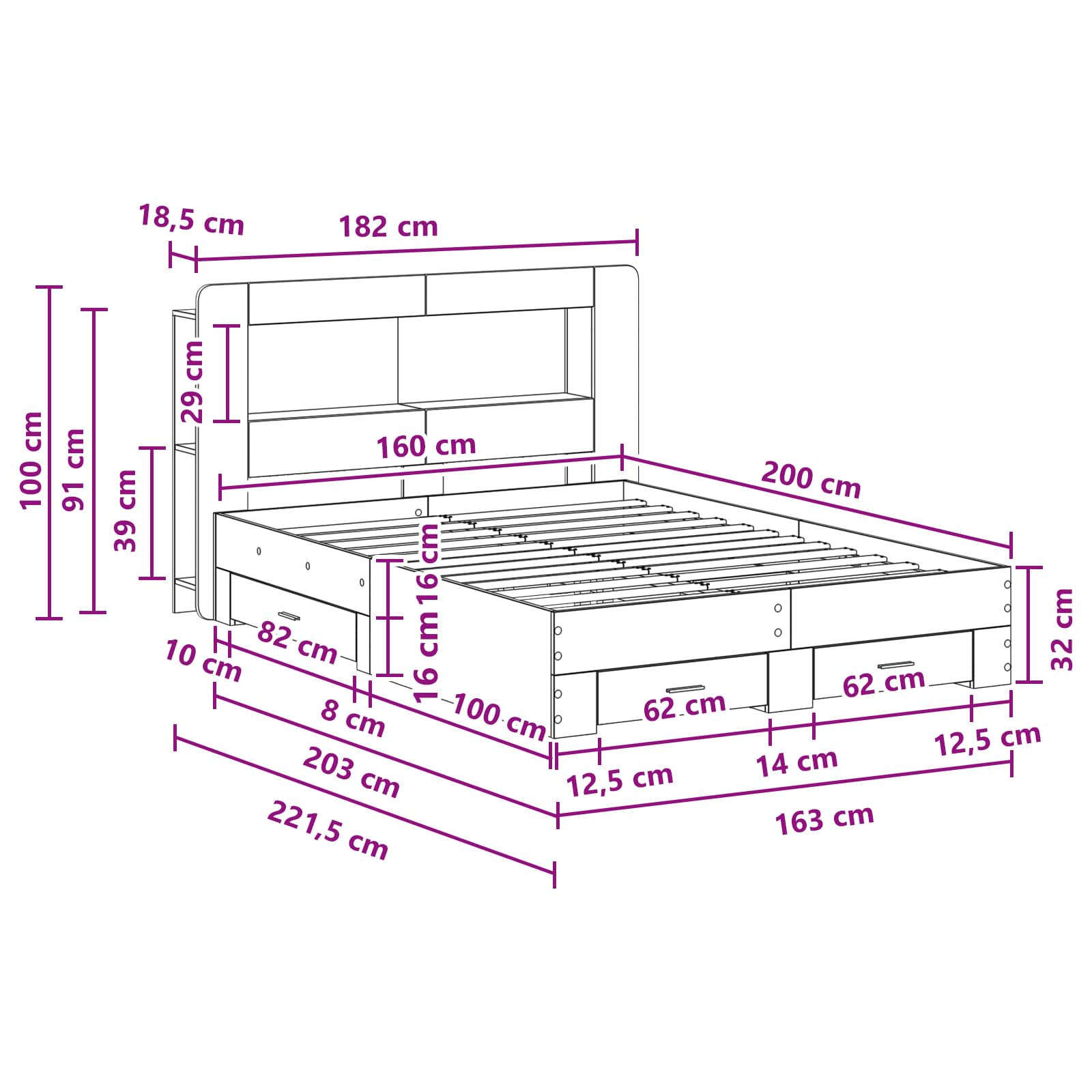 Telaio del letto con storage Sonoma grigio 160 x 200 cm | homemem39