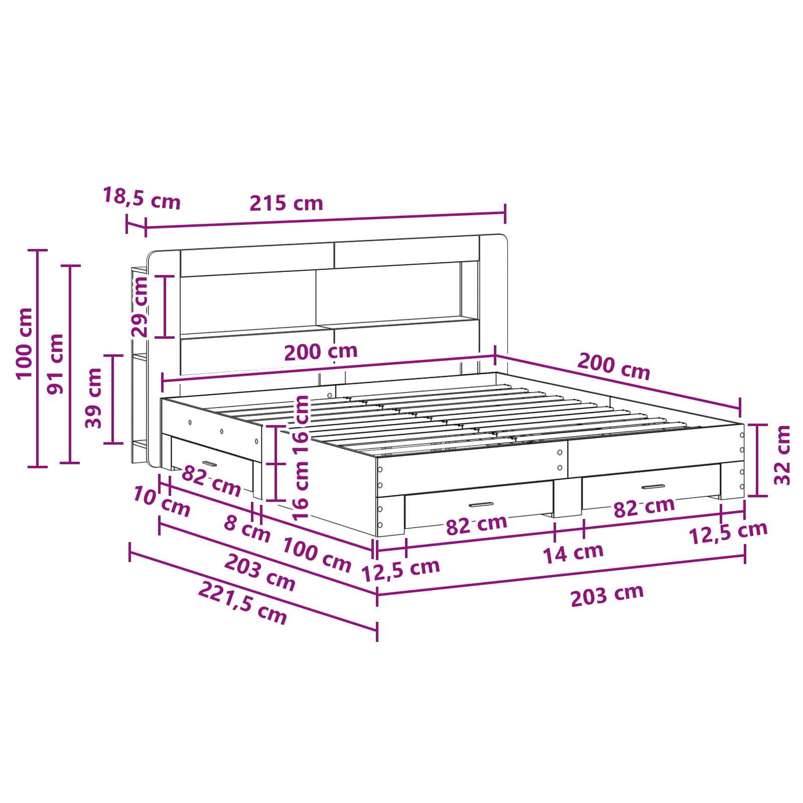 Telaio del letto con storage Sonoma grigio 200 x 200 cm | homemem39