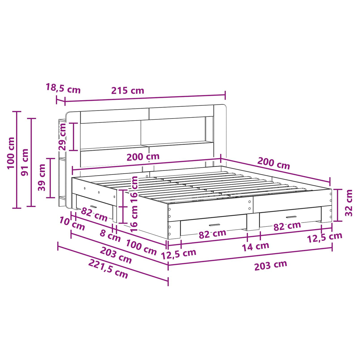 Telaio del letto con storage Sonoma grigio 200 x 200 cm