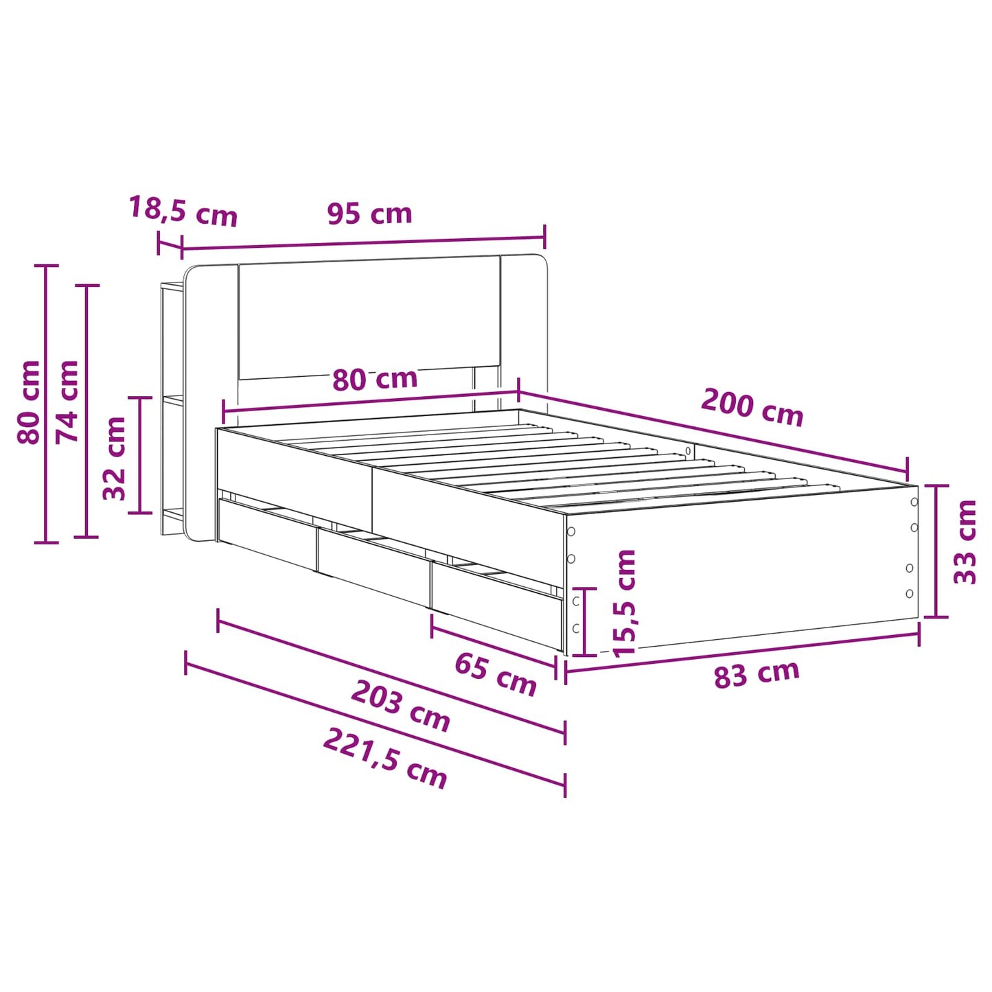 Telaio del letto con storage con testiera Bianco 80 x 200 cm | homemem39