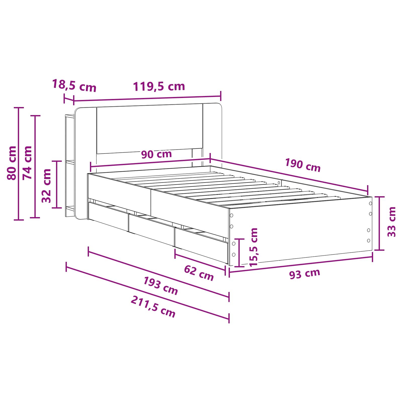 Telaio del letto con storage Rovere Fumo 90 x 190 cm | homemem39