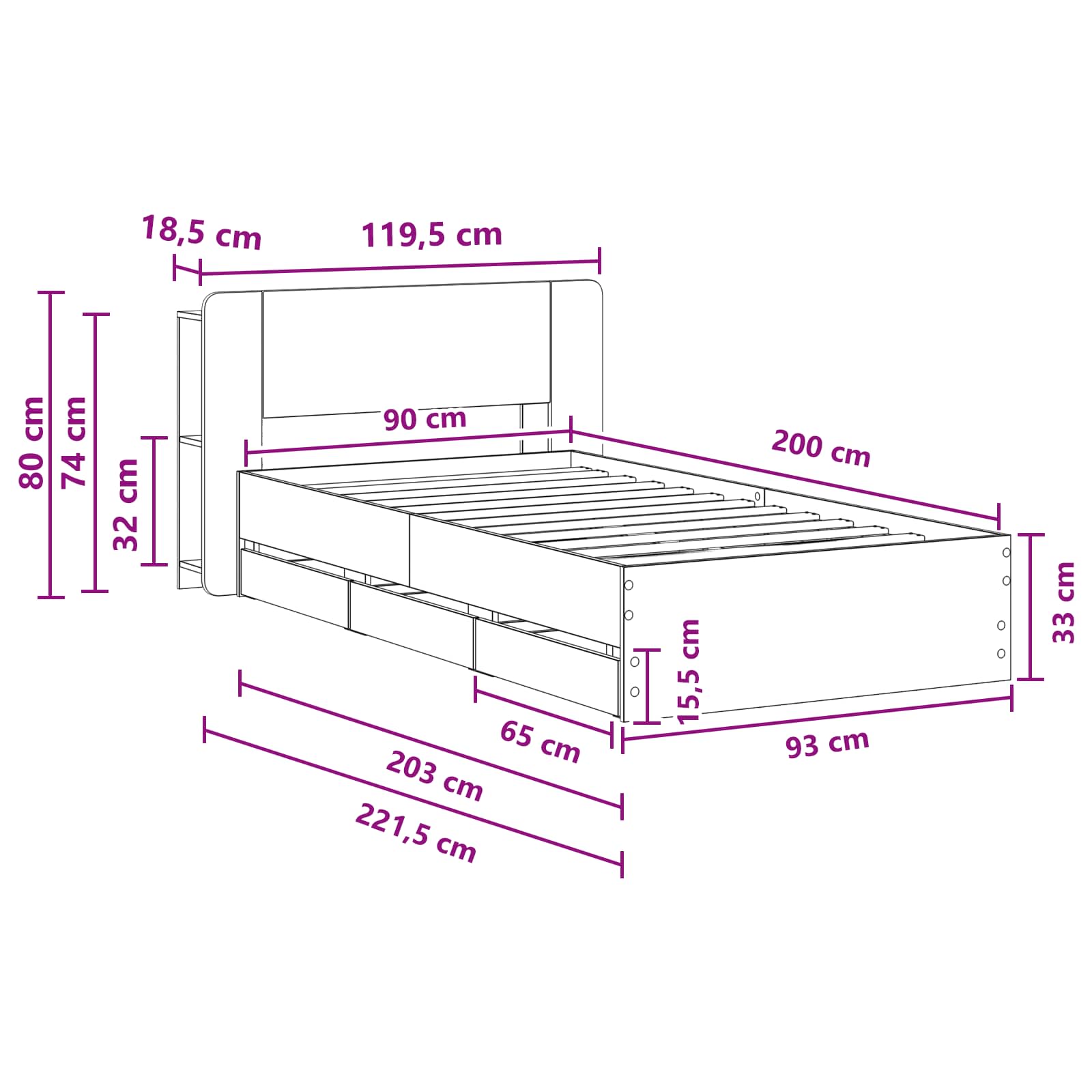 Telaio del letto con storage Rovere Fumo 90 x 200 cm | homemem39