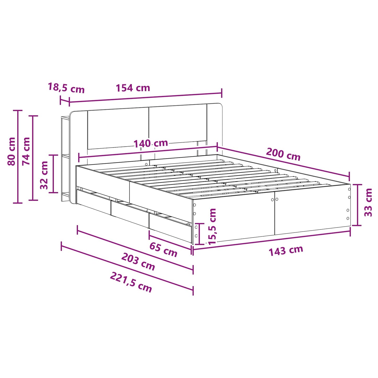 Telaio del letto con storage Sonoma grigio 140 x 200 cm | homemem39
