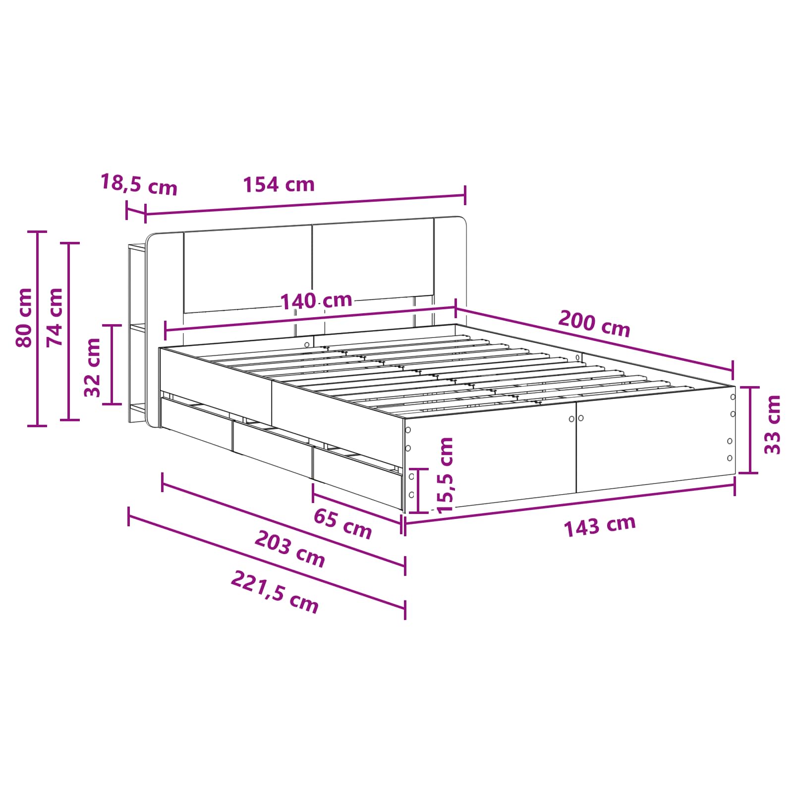 Telaio del letto con storage Sonoma grigio 140 x 200 cm | homemem39