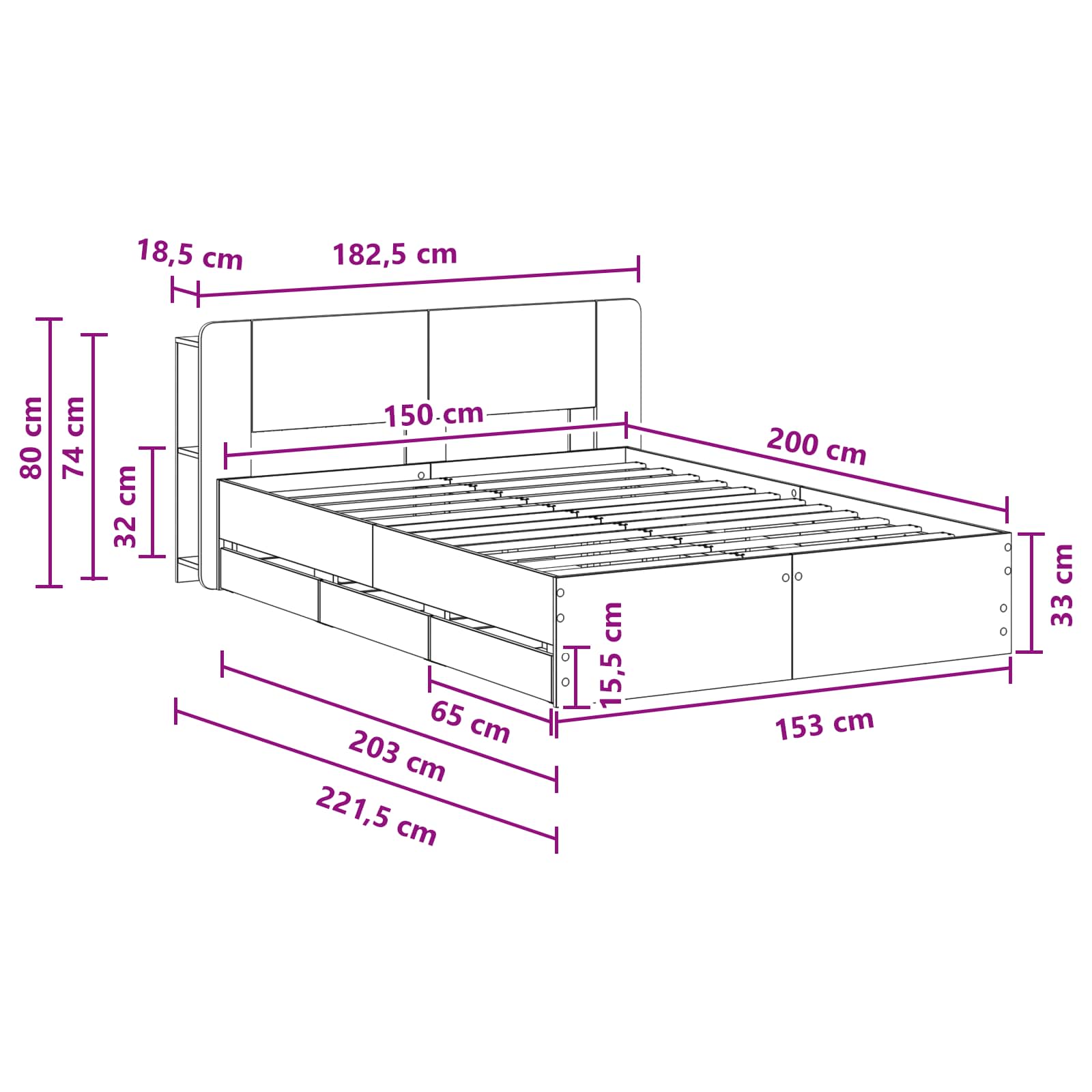 Telaio del letto con storage con testiera Nero 150 x 200 cm | homemem39