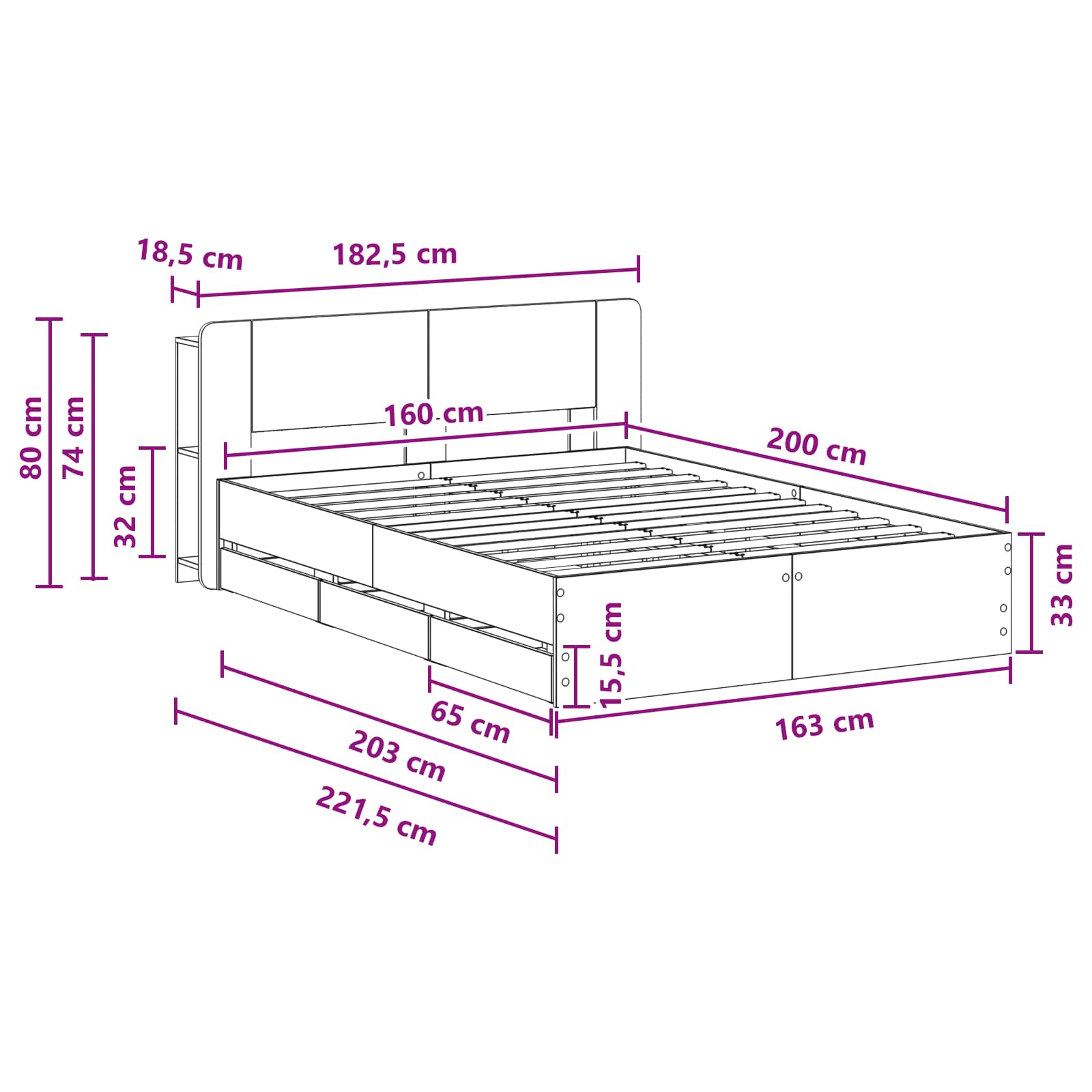 Telaio del letto con storage Sonoma grigio 160 x 200 cm | homemem39