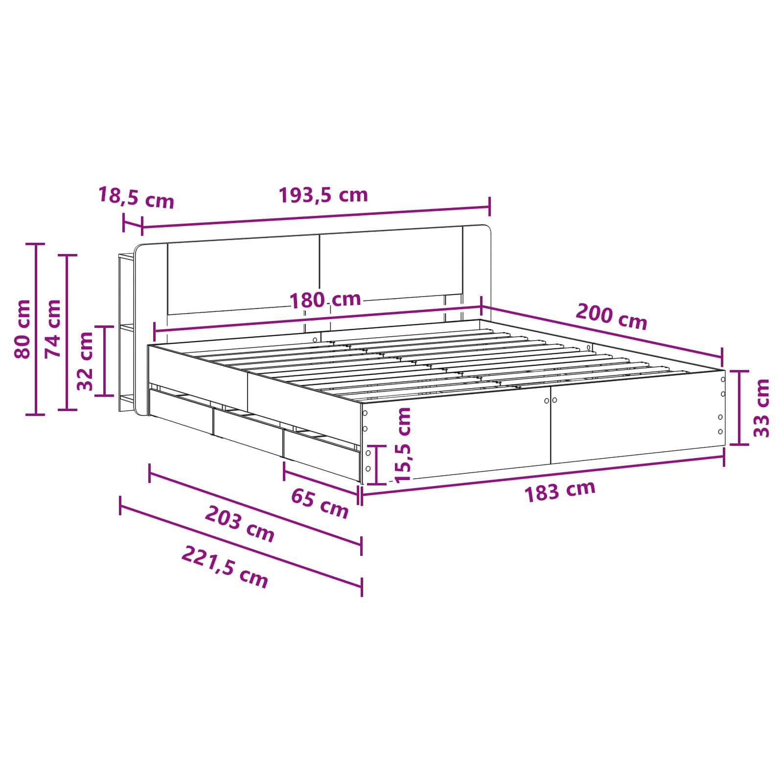 Telaio del letto con storage con testiera Nero 180 x 200 cm | homemem39