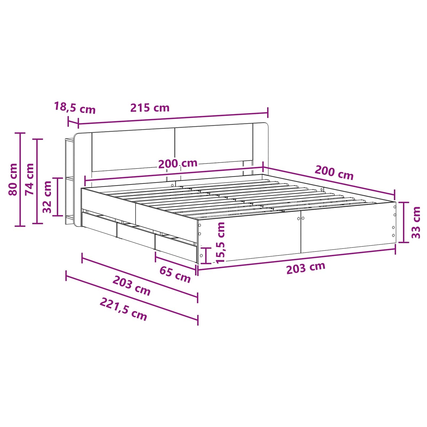 Telaio del letto con storage con testiera Nero 200 x 200 cm | homemem39