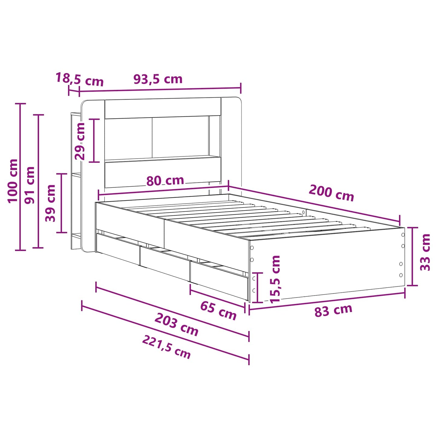 Telaio del letto con storage Sonoma grigio 80 x 200 cm | homemem39