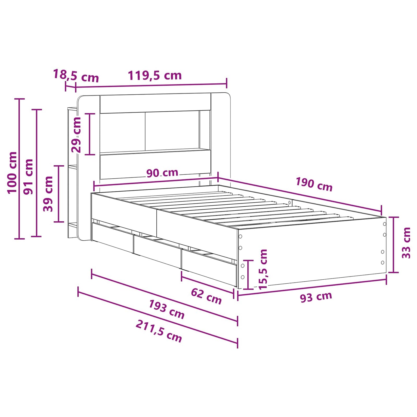 Telaio del letto con storage Grigio Cemento 90 x 190 cm | homemem39