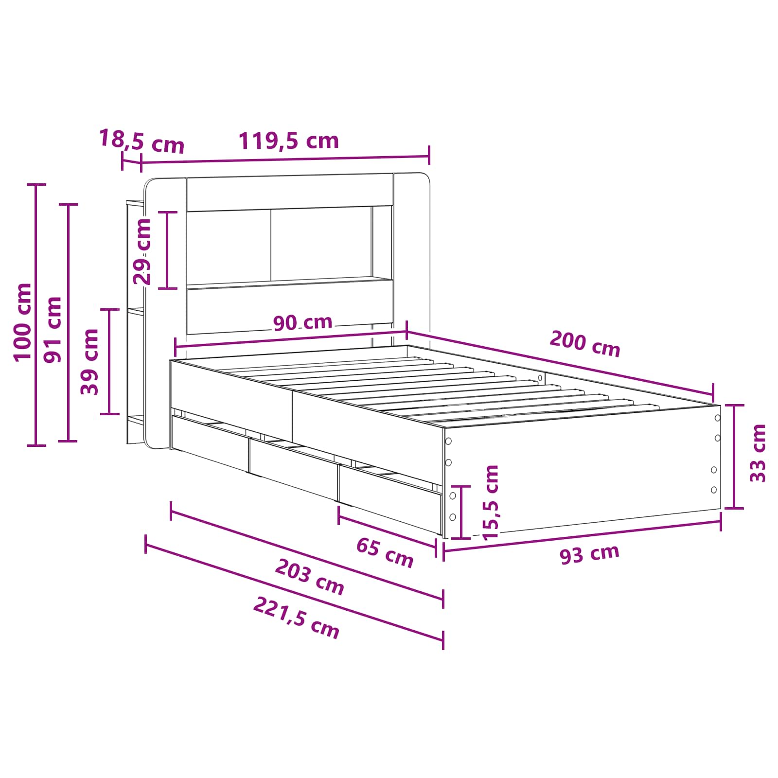 Telaio del letto con storage Sonoma grigio 90 x 200 cm | homemem39
