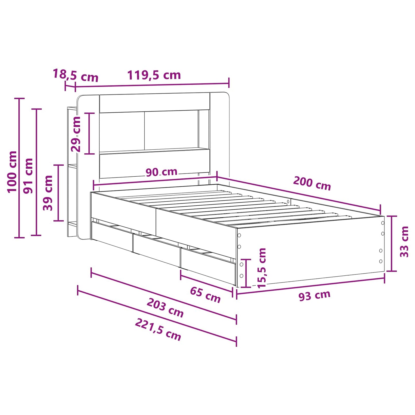 Telaio del letto con storage Rovere Fumo 90 x 200 cm | homemem39